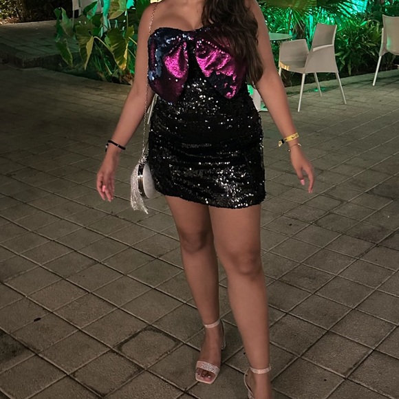 Nasty Gal Black Sequin Dress with Bow - Picture 2 of 2